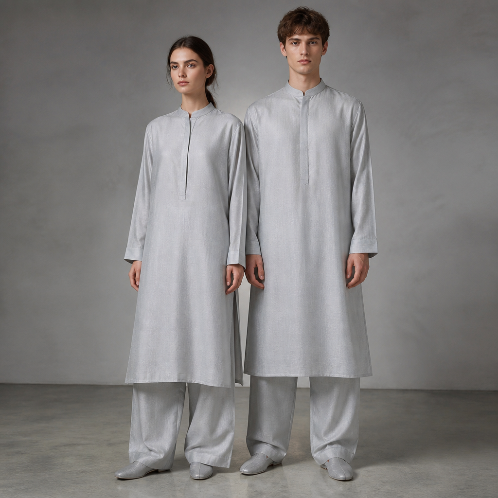 A Unisex Kurta design, suitable for Summer. بجامه مجوز لون فضي. Russia fashion aesthetics. Present it as professional fashion catalogue photography: the garment is the subject, shown full-length with editorial styling, neutral posing and tasteful, non-suggestive framing.
photorealistic fashion design, A Unisex Kurta design, suitable for Summer. بجامه مجوز لون فضي. Russia fashion aesthetics. Present it as professional fashion catalogue photography: the garment is the subject, shown full-length with editorial styling, neutral posing and tasteful, non-suggestive framing., just the design no text