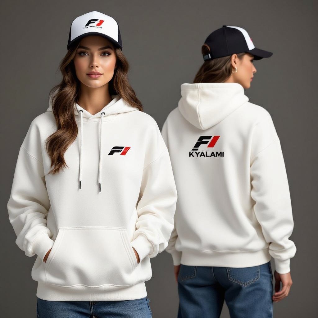 Design hoodies and caps featuring f1 and kyalami logo with track outline design
Design cotton hoodies with an adjustable drawstring hood, a relaxed cut, long sleeves, and a kangaroo pocket. Design cotton caps with a classic six-panel construction and an adjustable strap. Both feature f1 and Kyalami logos and a track outline design.