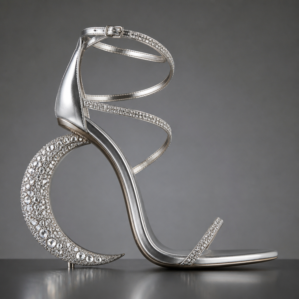 A luxurious stiletto heel crafted from metallic silver leather, featuring a sculptural crescent-moon heel completely encrusted with sparkling crystals. Delicate crystal straps wrap elegantly around the ankle, creating a celestial and sophisticated appearance.
photorealistic fashion design, A luxurious stiletto heel crafted from metallic silver leather, featuring a sculptural crescent-moon heel completely encrusted with sparkling crystals. Delicate crystal straps wrap elegantly around the ankle, creating a celestial and sophisticated appearance., just the design no text
