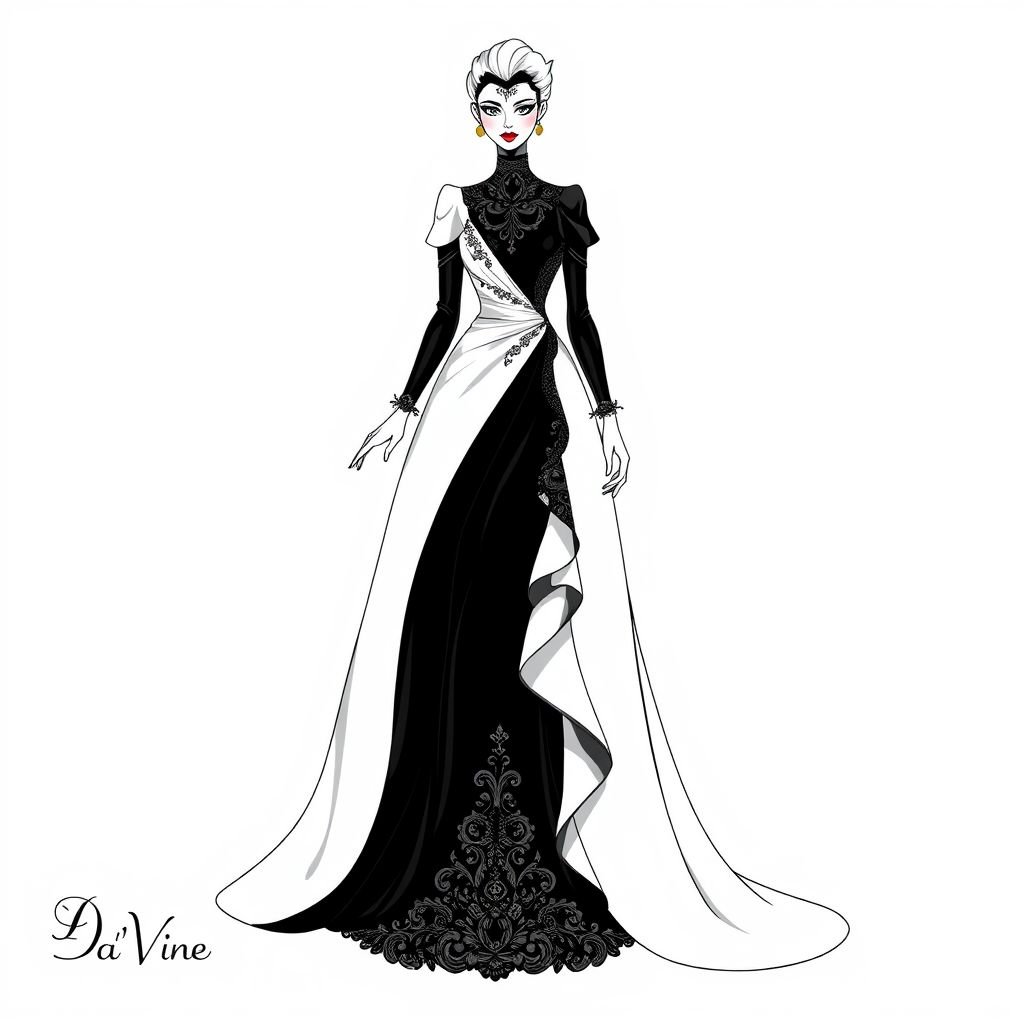 Create me a unique dress, something that cruella would make. Put “Da’Vine” in the bottom left corner
Design a stunning, elegant gown inspired by Cruella de Vil’s daring style, featuring luxurious black and white silk with bold, asymmetrical lines. Adorn the dress with intricate lace detailing and a dramatic floor-length train. Emphasize a high collar and tapered sleeves for sophistication. Signature "Da’Vine" elegantly placed in the bottom left corner.