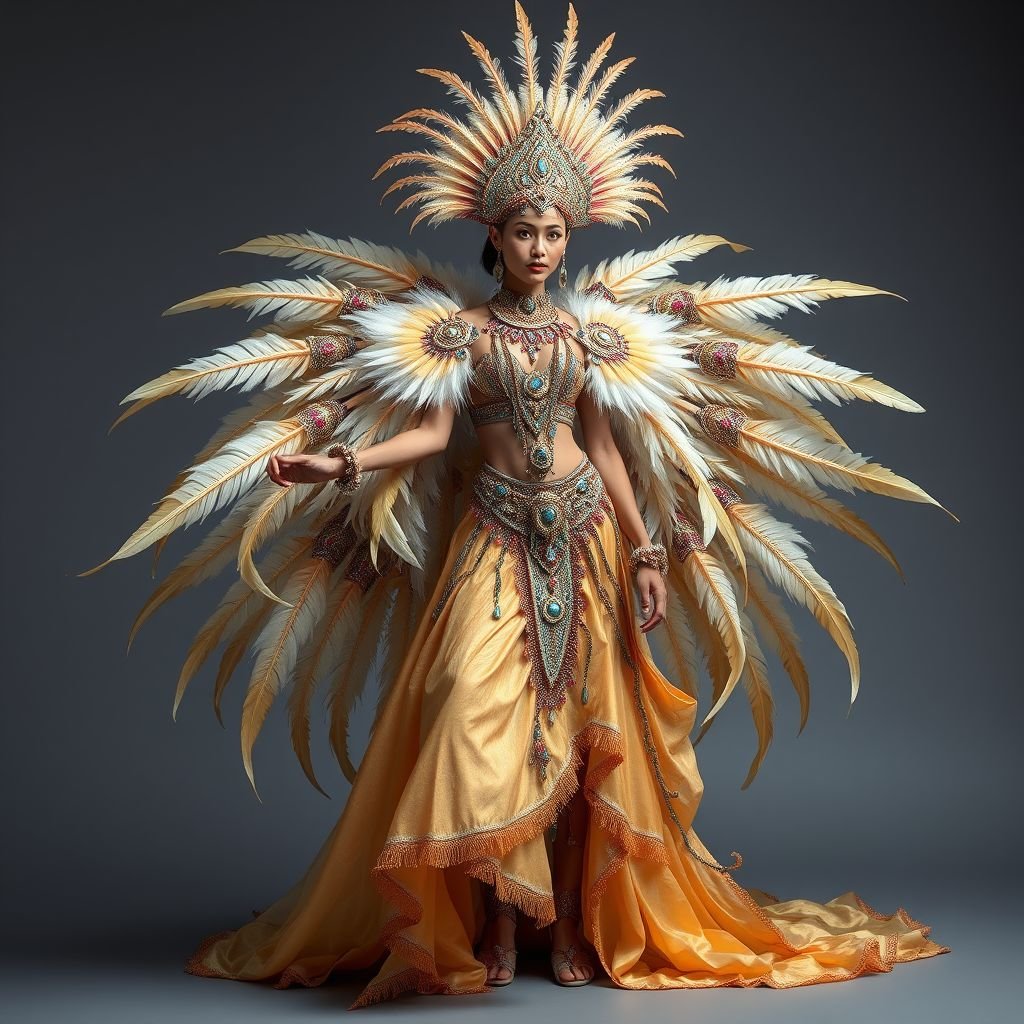 Exoticwear
Design an extravagant exoticwear costume that merges opulence and mystique. Envision flowing, iridescent fabrics adorned with intricate beadwork and feathers, evoking the essence of a mythical creature. Integrate bold colors and ornate accessories, such as a dramatic headpiece and layered jewelry, to create a striking silhouette that captivates during any festival or performance.