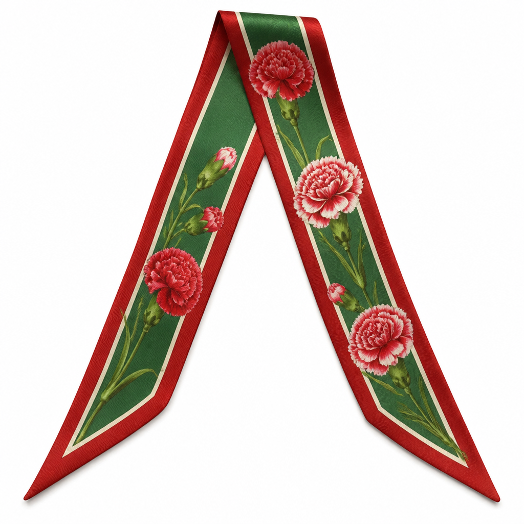Design a silk twilly for alpha omega chi in red and green. Keep it super simple and preppy maybe make it with carnation flowers
photorealistic fashion design, Design a silk twilly for alpha omega chi in red and green. Keep it super simple and preppy maybe make it with carnation flowers , classic style, just the design no text