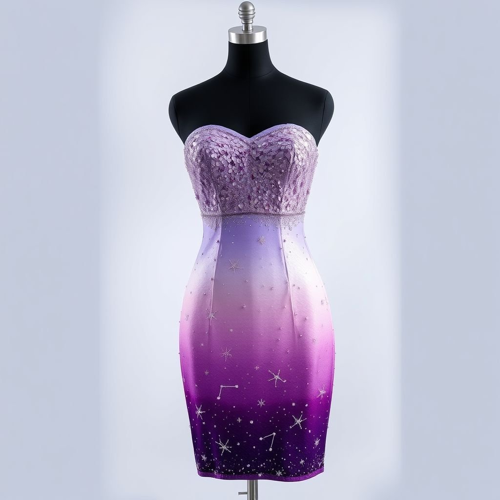 Create a strapless body con dress that is above the knees and a bit below the thighs for fabric colour. I would like a purple not very very dark but a Rapunzel purple a tiny bit darker and I wanted to be in this sequin type of fabric and I want it to do an hombre at the top blending into the purple in the middle very subtle ombre shading at the bottom to a bit so everything has to blend and on top of the secret like fabric I want some beading just beat some fireworks but it shouldn’t look like fireworks. Just very thin, thank you.
Design a captivating strapless body con dress that hugs the silhouette elegantly, falling just above the knees. In a stunning Rapunzel purple sequined fabric, achieve a subtle ombre effect, transitioning from a delicate lavender at the top to rich purple mid-dress, and fading softly into a lighter tone below. Adorn the sequins with fine, intricate beading resembling shimmering constellations—delicate and whimsical yet sophisticated, the design celebrates femininity while offering a modern, ethereal allure. Perfect for an enchanting evening out or a glamorous event.