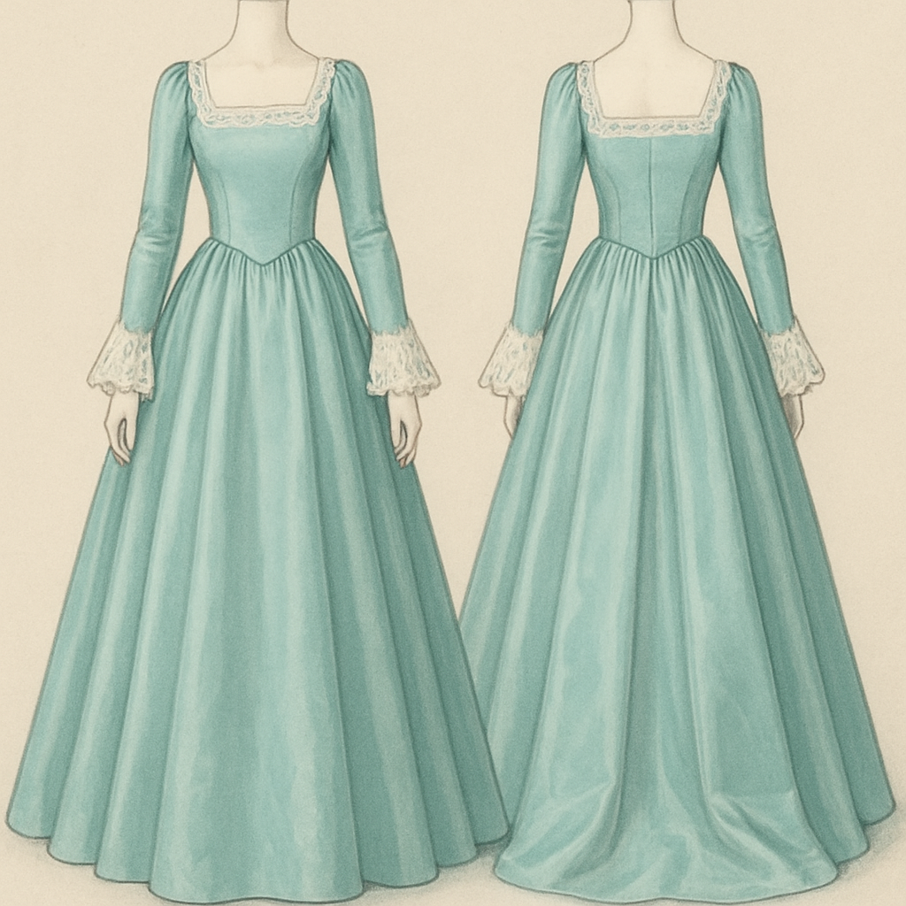 a modern long sleeved light greenish blue dress. flowy white lace flowing at the end of the slevees and a square collar neck. lace outlines the square collar. the dress needs to be ball gown length but satin material.
a modern long sleeved light greenish blue dress. flowy white lace flowing at the end of the slevees and a square collar neck. lace outlines the square collar. the dress needs to be ball gown length but satin material.
, vintage style, show front and back