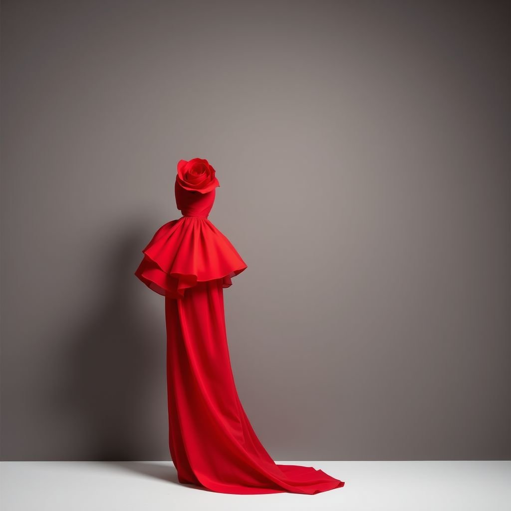 Red roses dress
Create a minimalist dress that features a subtle, monochromatic red hue inspired by the elegance of red roses. The design should include clean lines and a simple silhouette, with a single, oversized rose accent at the shoulder. Incorporate lightweight, breathable fabric to evoke a sense of airy sophistication.