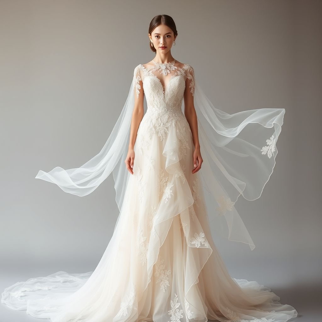 Wedding gown
Design an ethereal wedding gown featuring layers of delicate, cascading silk organza in soft pastels. Intricate floral lace overlays adorn the bodice, while a flowing, asymmetric train adds drama. Incorporate sparkling crystal embellishments that catch the light, and a detachable cape that billows gracefully to enhance the overall romantic aesthetic.
