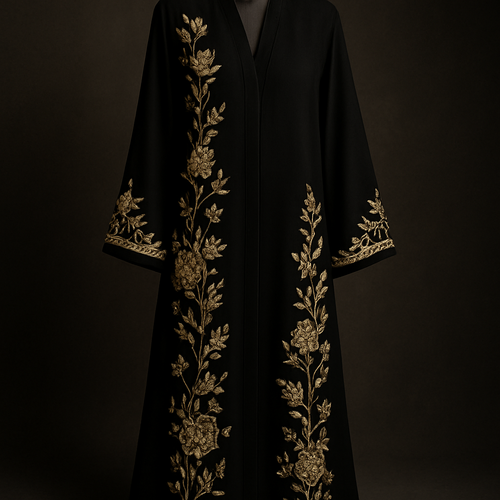 The Golden Noir Couture Abaya
Tone: Black with muted gold
Design:
Couture gold-thread floral embroidery climbing up the sides of the abaya.
Embellishment:
Rich champagne stones highlighting the flowers and outlining the sleeves.
Vibe:
High-end, sophisticated, luxury statement.