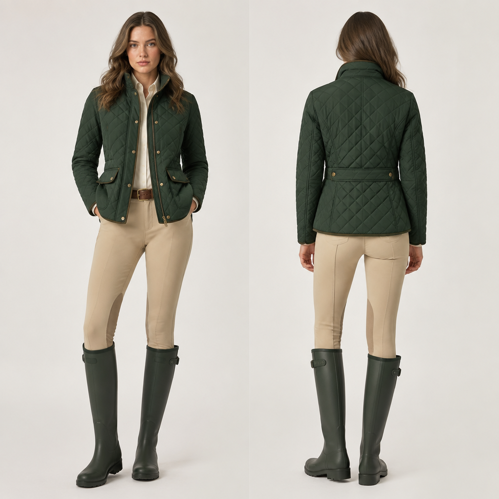 A person with a European face has middle brown cold hair and wears a quilted hunter green jacket and beige riding pants with hunter green rain boots and a brown belt
photorealistic fashion design, A person with a European face has middle brown cold hair and wears a quilted hunter green jacket and beige riding pants with hunter green rain boots and a brown belt , british style, just the design no text, show front and back