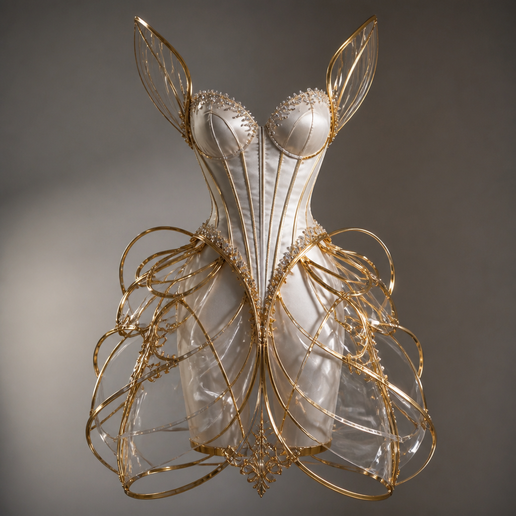 An avant-garde couture mini dress that merges classical elegance with futuristic design. The fitted corset bodice is crafted from luxurious satin and embellished with subtle crystal detailing. Surrounding the skirt is an intricate framework of ultra-thin gold metallic structures positioned above transparent fabric layers. This architectural element creates the illusion of a floating golden cage while maintaining an airy and graceful appearance. The design is bold, innovative, and unmistakably couture.
photorealistic fashion design, An avant-garde couture mini dress that merges classical elegance with futuristic design. The fitted corset bodice is crafted from luxurious satin and embellished with subtle crystal detailing. Surrounding the skirt is an intricate framework of ultra-thin gold metallic structures positioned above transparent fabric layers. This architectural element creates the illusion of a floating golden cage while maintaining an airy and graceful appearance. The design is bold, innovative, and unmistakably couture., just the design no text