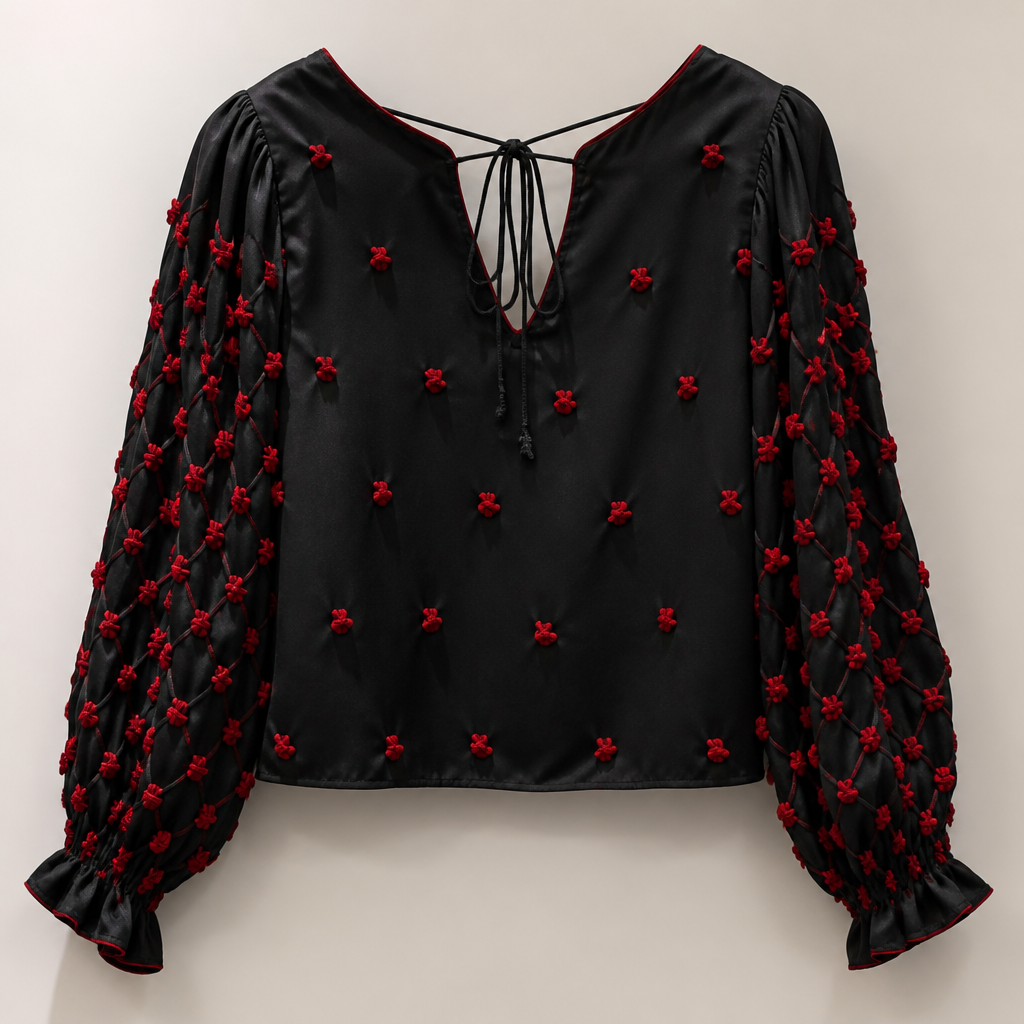 A Female Top design, suitable for Summer. Black top with red nots right and left full harm red nots. India fashion aesthetics.
photorealistic fashion design, A Female Top design, suitable for Summer. Black top with red nots right and left full harm red nots. India fashion aesthetics., just the design no text