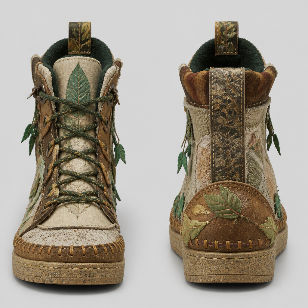 Solarpunk, male winter shoes
photorealistic fashion design, Solarpunk, male winter shoes, bohemian style, just the design no text, show front and back