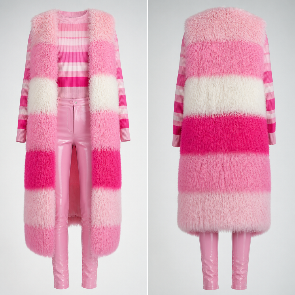 No model just outfit , pink long Mongolian vest no sleeves no collar and pink leather pants fitted matching sweater horizontal rows of pink , fuschia ,white monogolian fur
photorealistic fashion design, No model just outfit , pink long Mongolian vest no sleeves no collar and pink leather pants fitted matching sweater horizontal rows of pink , fuschia ,white monogolian fur , angelcore style, just the design no text, show front and back