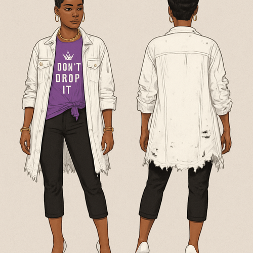 Black woman 
Finger waves
purple shirt tied to the side white around the collar with don’t drop it 👑 on the front
Long white jacket ripped 
Black capri pants 
Gold jewelry 
White heels 

