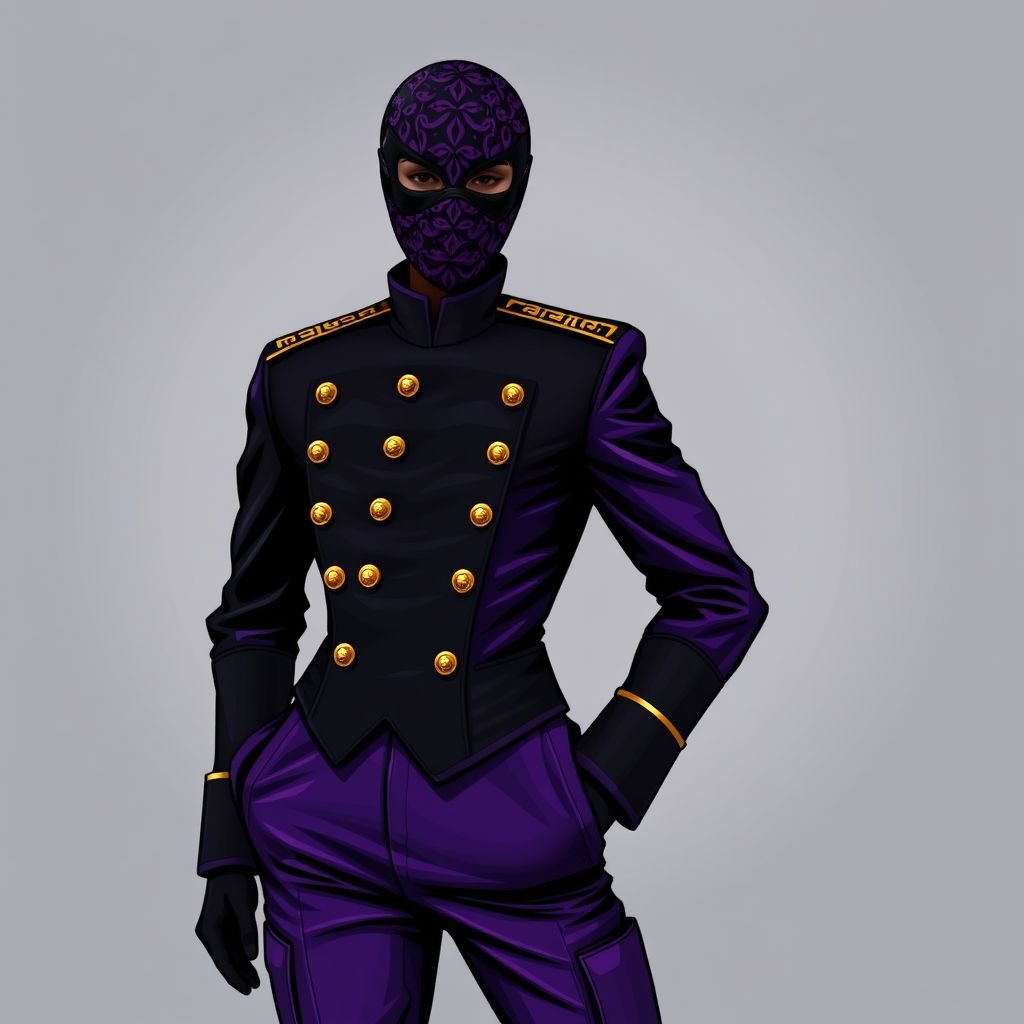 Purple and black mask.
Design a striking military-inspired ensemble featuring a tailored, deep purple and jet black jacket adorned with ornate gold buttons and epaulets. Pair it with high-waisted, structured trousers in a matching purple fabric, accentuated with cargo pockets. Complete the look with a bold, purple and black patterned face mask, exuding authority and elegance.