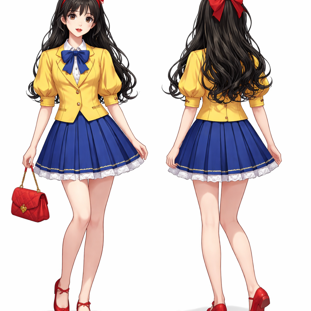 A girl with ebony black hair and fair skin and red lips has a yellow Blazer with puff sleeves and a royal blue skirt with a red headband and red ballerina slippers and a red bag
A girl with ebony black hair and fair skin and red lips has a yellow Blazer with puff sleeves and a royal blue skirt with a red headband and red ballerina slippers and a red bag , school_uniform style, show front and back