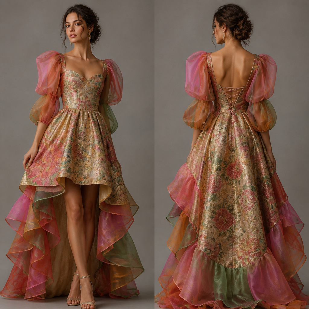 Dinner dress for a birthday party that will look gorgeous and graceful made with brocade fabric and colorful organza fabric.
photorealistic fashion design, Dinner dress for a birthday party that will look gorgeous and graceful made with brocade fabric and colorful organza fabric., streetwear style, just the design no text, show front and back