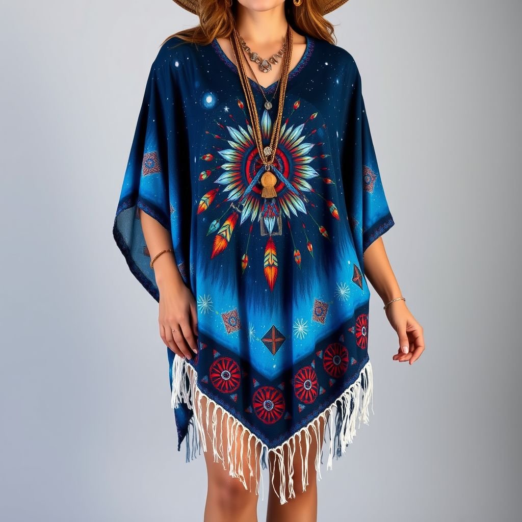 summer boho woman dark blue colors poncho which is handpainted of an american red indian in the sky
Design a captivating summer boho poncho for women, featuring deep oceanic blues intertwined with vivid hand-painted motifs of American Indian symbols set against a celestial night sky. The flowing silhouette drapes elegantly, adorned with delicate fringe details. Pair it with layered necklaces and wide-brimmed hats for a free-spirited, festival-ready look.