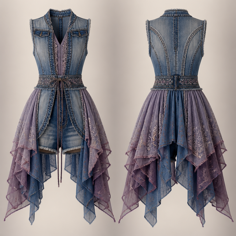 A Female Dress design, made of Denim, suitable for Summer, in Elegant + Vintage + Bohemian style. грандж, винтаж, сочетание шёлка и джинсы, верх стилизованный под куртку, а подол под шорты. приталенная посадка, длина любая, рукава открытые. Russia fashion aesthetics.
using the attached image as a visual reference and sketch, create this: photorealistic fashion design, A Female Dress design, made of Denim, suitable for Summer, in Elegant + Vintage + Bohemian style. грандж, винтаж, сочетание шёлка и джинсы, верх стилизованный под куртку, а подол под шорты. приталенная посадка, длина любая, рукава открытые. Russia fashion aesthetics., elegant style, just the design no text, show front and back
