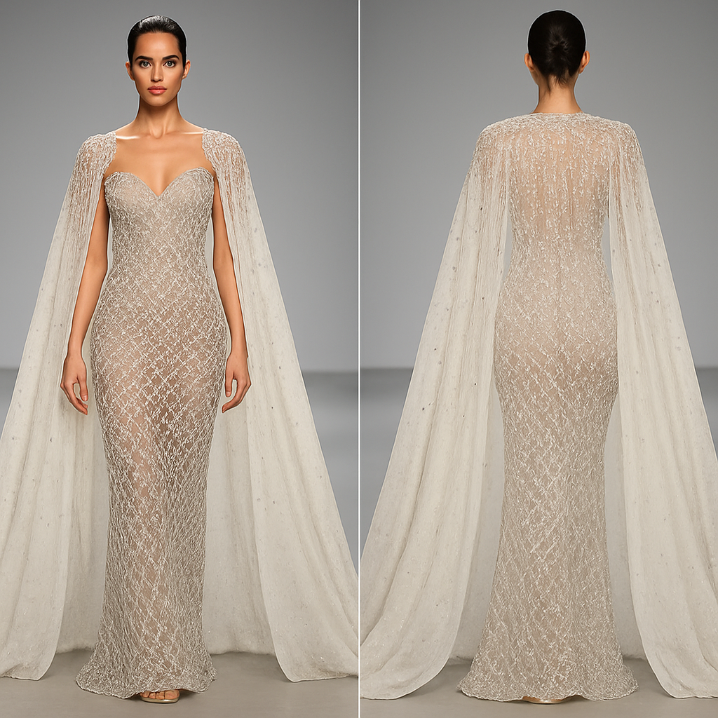 Diamond dress with makgadikgadi delta cape
Diamond dress with makgadikgadi delta cape, runway style, show front and back