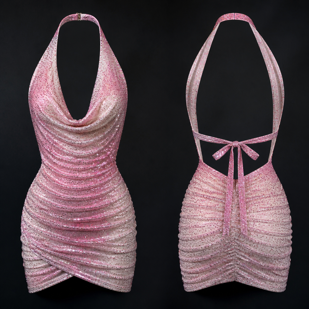 A cohesive and glamorous whitish-pinkish halter neck mini dress with a draped cowl neckline and a touched body on skirt, all adorned with another pinkish colors with pinkish glitters
photorealistic fashion design, A cohesive and glamorous whitish-pinkish halter neck mini dress with a draped cowl neckline and a touched body on skirt, all adorned with another pinkish colors with pinkish glitters , edgy style, just the design no text, show front and back