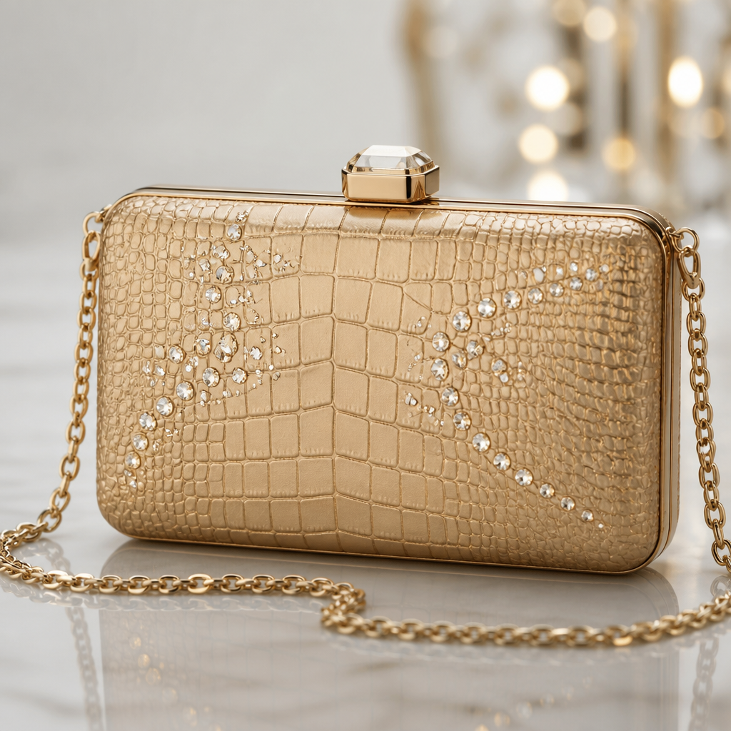 A Female Dress design, suitable for Summer. A compact crocodile leather evening bag adorned with subtle crystal accents and a detachable gold chain strap. The perfect accessory for gala events, cocktail parties, and luxury evenings
photorealistic fashion design, A Female Dress design, suitable for Summer. A compact crocodile leather evening bag adorned with subtle crystal accents and a detachable gold chain strap. The perfect accessory for gala events, cocktail parties, and luxury evenings, just the design no text
