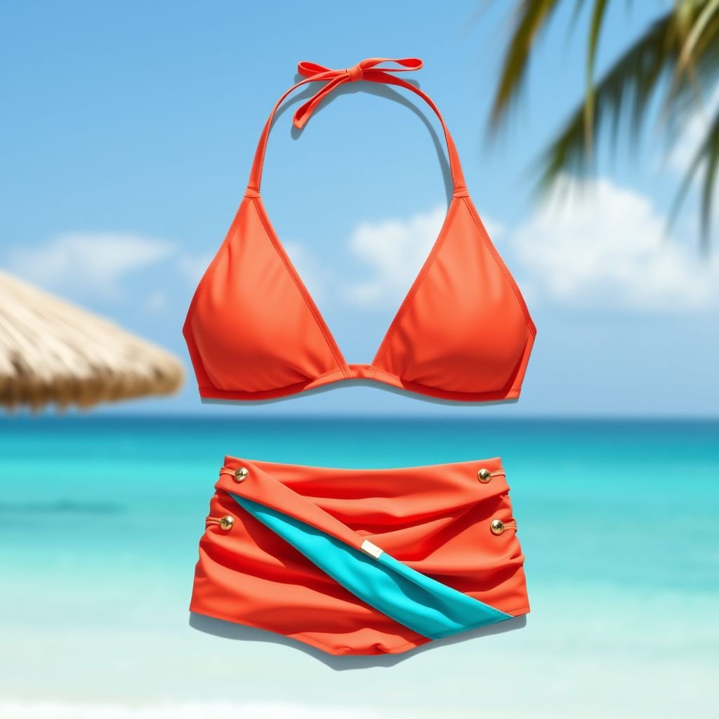 Bikini swimwear style Zimmerman no ruffles
Imagine a chic, resort-inspired bikini set in vibrant coral and turquoise tones, featuring a sophisticated, minimalist design without ruffles. The top showcases a sleek halter silhouette with subtle cutouts, while the bottoms are high-waisted for a flattering fit. Accents of delicate gold hardware add an elegant touch, perfect for sun-soaked beach days.