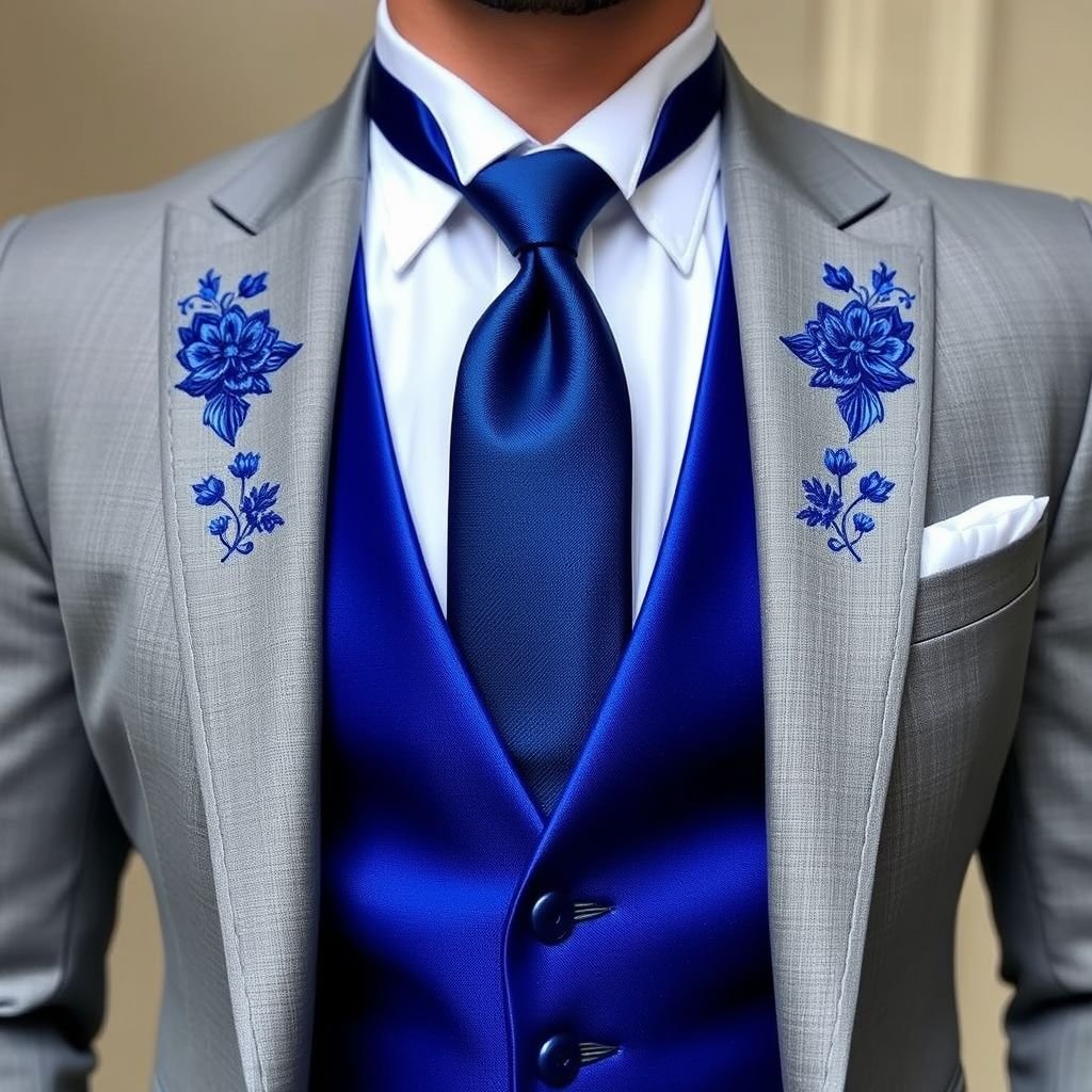 Grey wedding tuxedo jacket with sapphire blue vestand tie and white shirt
Envision a contemporary grey wedding tuxedo jacket, tailored sharply for a modern silhouette. Paired with a rich sapphire blue vest and tie that provide a striking contrast, the ensemble incorporates intricate floral embroidery on the lapels. A crisp white shirt peeks through, completing this elegant yet daring groom's attire for a sophisticated celebration.