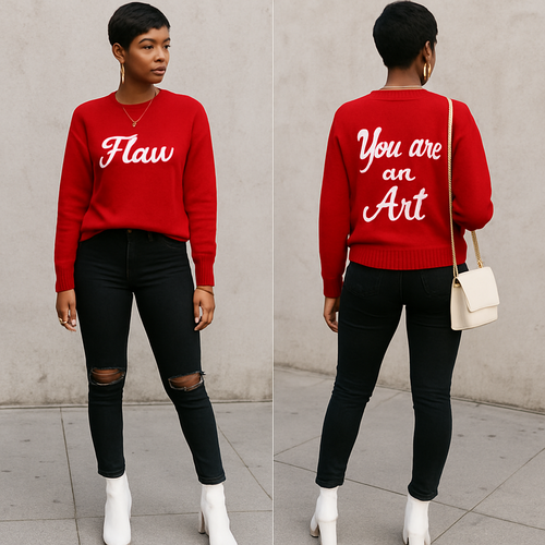 Black woman 
Pixie cut 
Red Long sleeve sweater shirt on the front it says Flaw in white in cursive and on the back it says in white You are an Art  🌹
Tight black ripped jeans 
White boot heels 
Gold jewelry 
White purse 
