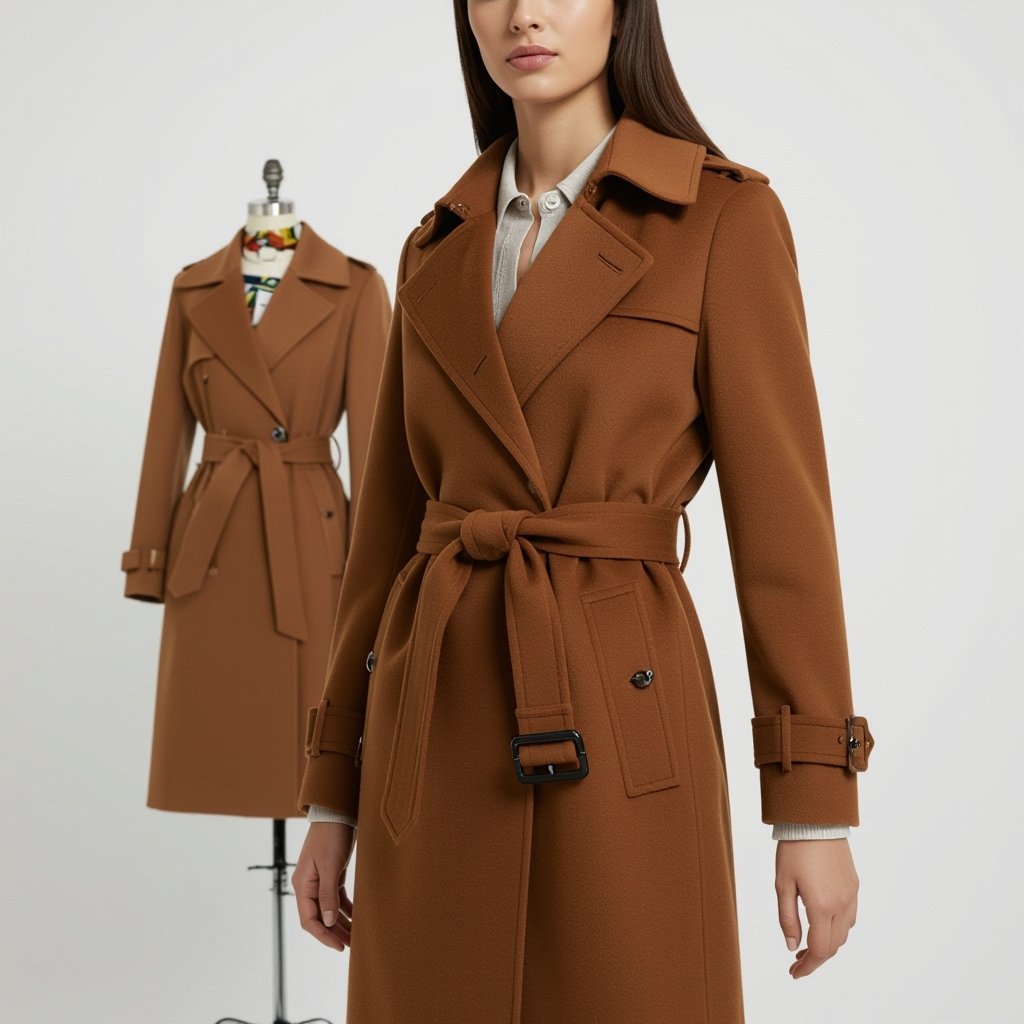 کت خیلی بلند کشمیر قهوه ای با کمربند
Long brown cashmere trench coat with a belted waist.
