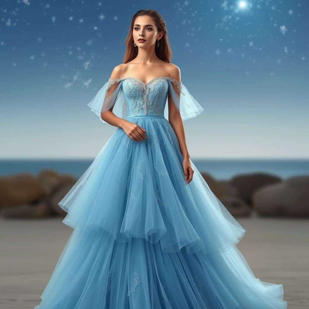 Create a prom dress in powder blue colour.
Design an ethereal prom dress in powder blue, featuring a layered tulle skirt that cascades like ocean waves. The bodice is adorned with delicate silver embroidery, mimicking intricate coral patterns. Off-the-shoulder, flowing sleeves add grace, while a cinched waist enhances the silhouette, evoking a celestial mermaid under a starlit sky.