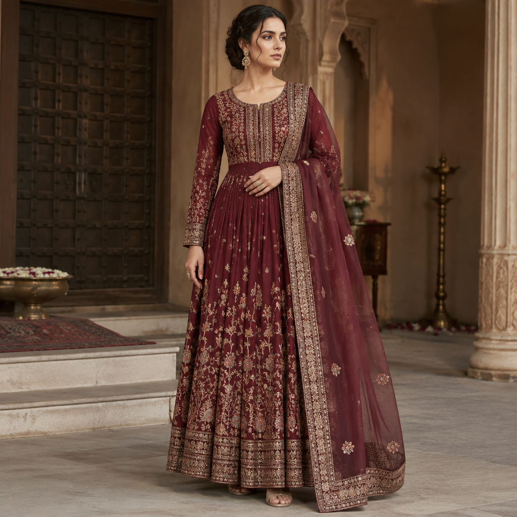A Female Dress design, suitable for Fall. Consider Indian fashion aesthetics — consider saree, lehenga, salwar kameez, kurti, anarkali; local fabrics like chanderi, banarasi, chikankari, block prints; vibrant colors and rich embroidery. Current season is Autumn in India. Present it as professional fashion catalogue photography: the garment is the subject, shown full-length with editorial styling, neutral posing and tasteful, non-suggestive framing.
photorealistic fashion design, A Female Dress design, suitable for Fall. Consider Indian fashion aesthetics — consider saree, lehenga, salwar kameez, kurti, anarkali; local fabrics like chanderi, banarasi, chikankari, block prints; vibrant colors and rich embroidery. Current season is Autumn in India. Present it as professional fashion catalogue photography: the garment is the subject, shown full-length with editorial styling, neutral posing and tasteful, non-suggestive framing., just the design no text