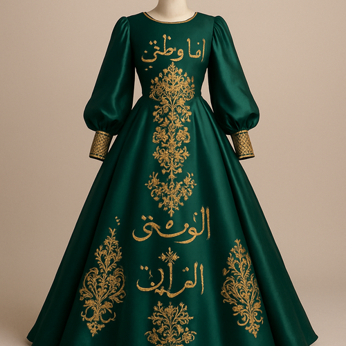 Embellishments: Features the mo "أنا وطني" and other texts embroidered with exquisite gold threadwork (Zari) on the chest and skirt.

Motif: The central pattern is rendered in intricate gold brocade or heavy hand-embroidery (Talli/Nakshi), reflecting traditional craftsmanship.

Details: Voluminous, long sleeves with gold-trimmed cuffs, and a modest neckline. The design fuses a modern modest silhouette with deep Saudi heritage using luxurious fabrics and royal gold accents.