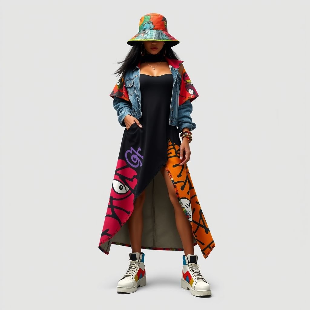 Cut out dress
Design a bold, urban streetwear cut-out dress that blends edgy aesthetics with comfort. Incorporate oversized, asymmetrical sleeves, graffiti-inspired prints, and exposed seams for an authentic vibe. Utilize breathable, lightweight fabrics in vibrant colors, accessorized with chunky sneakers and layered oversized denim. Elevate the look with a statement bucket hat and mismatched earrings.