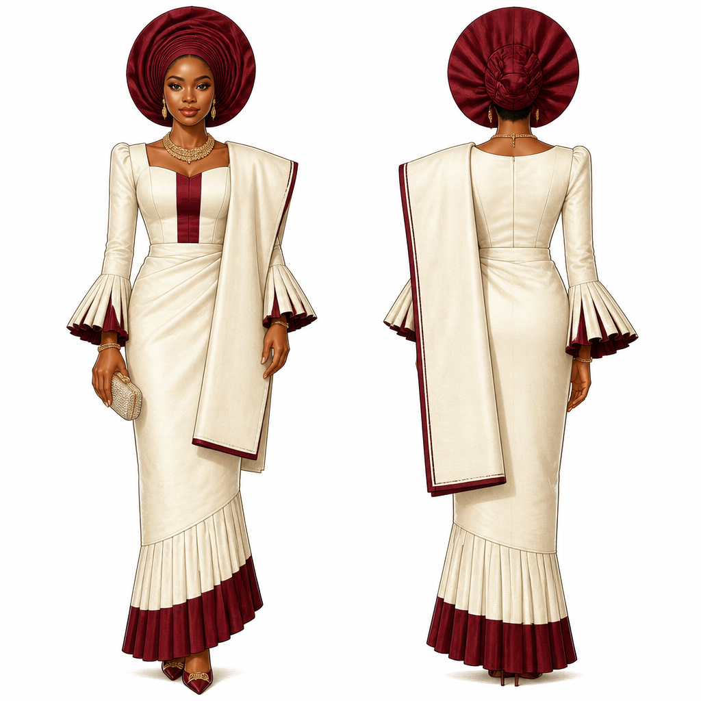 Fashion illustration, Yoruba bridal engagement outfit, traditional aso-oke iro and buba set, plain ivory fabric throughout, fitted bodice, sleeve gathered into soft box pleats flaring at the cuff, wrapper skirt with crisp knife-pleated hem panel, ivory gele with thin gold trim, ivory ipele shoulder sash, elegant regal bridal look, front view, full body, clean white background, fashion croquis style
Look 2 — Ivory & Wine Combo
Fashion illustration, Yoruba bridal engagement outfit, traditional aso-oke iro and buba set, ivory base fabric with wine-colored panels down the front placket, pleated sleeve cuffs with wine underlay showing through the pleats, wrapper skirt in ivory with wide wine border along pleated hemline, large statement wine gele tied in fan style, ivory ipele sash with wine trim draped asymmetrically, regal contrast bridal look, front view, full body, clean white background, fashion croquis style
photorealistic fashion design, Fashion illustration, Yoruba bridal engagement outfit, traditional aso-oke iro and buba set, plain ivory fabric throughout, fitted bodice, sleeve gathered into soft box pleats flaring at the cuff, wrapper skirt with crisp knife-pleated hem panel, ivory gele with thin gold trim, ivory ipele shoulder sash, elegant regal bridal look, front view, full body, clean white background, fashion croquis style
Look 2 — Ivory & Wine Combo
Fashion illustration, Yoruba bridal engagement outfit, traditional aso-oke iro and buba set, ivory base fabric with wine-colored panels down the front placket, pleated sleeve cuffs with wine underlay showing through the pleats, wrapper skirt in ivory with wide wine border along pleated hemline, large statement wine gele tied in fan style, ivory ipele sash with wine trim draped asymmetrically, regal contrast bridal look, front view, full body, clean white background, fashion croquis style, just the design no text, show front and back