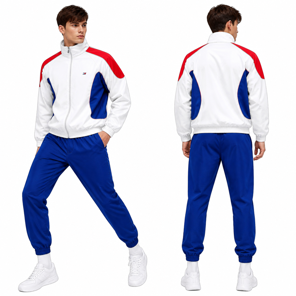 Concept art of a Russian tricolor-inspired tracksuit, white jacket with red and blue contrast inserts, central zipper, left chest micro-logo, back typography "Polët team" in bold sans-serif. Bottom is solid indigo-blue trousers. Dynamic sporty pose, streetwear vibe, vector flat design style, clean lines, white background.
photorealistic fashion design, Concept art of a Russian tricolor-inspired tracksuit, white jacket with red and blue contrast inserts, central zipper, left chest micro-logo, back typography "Polët team" in bold sans-serif. Bottom is solid indigo-blue trousers. Dynamic sporty pose, streetwear vibe, vector flat design style, clean lines, white background.
, just the design no text
