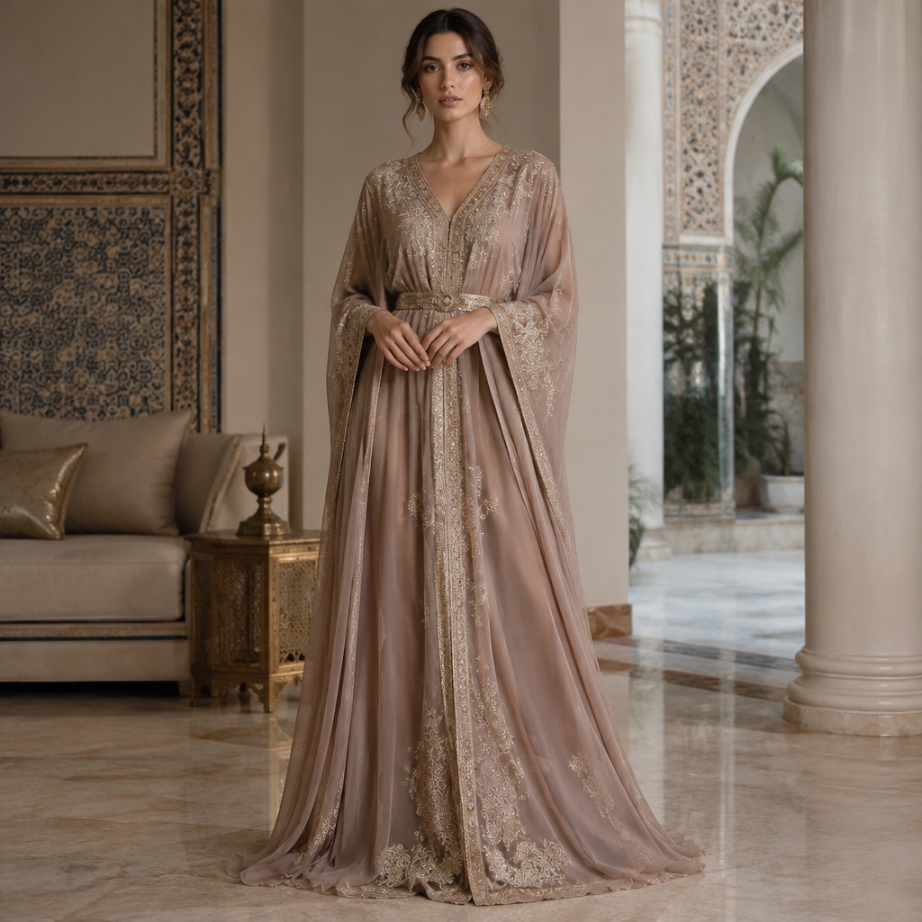 A Female Kaftan design, with a light, flowing drape, with a Relaxed silhouette, in a Muted & Dusty color palette, for Party, suitable for Spring, suited to a Temperate climate, in Glamorous + Elegant + Formal style, shown on a model with light skin and a slim figure. فستان يجبه قفطان. Algeria fashion aesthetics. Present it as professional fashion catalogue photography: the garment is the subject, shown full-length with editorial styling, neutral posing and tasteful, non-suggestive framing.
photorealistic fashion design, A Female Kaftan design, with a light, flowing drape, with a Relaxed silhouette, in a Muted & Dusty color palette, for Party, suitable for Spring, suited to a Temperate climate, in Glamorous + Elegant + Formal style, shown on a model with light skin and a slim figure. فستان يجبه قفطان. Algeria fashion aesthetics. Present it as professional fashion catalogue photography: the garment is the subject, shown full-length with editorial styling, neutral posing and tasteful, non-suggestive framing., glamorous style, just the design no text
