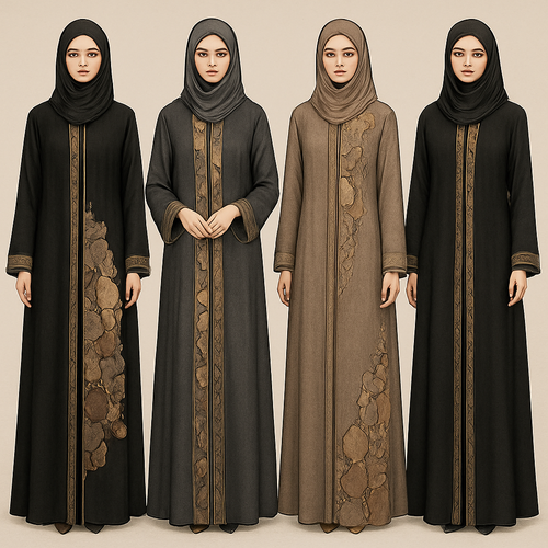 Create a modest abaya that's the first of its kind, featuring a unique stone design that exudes a classy and sophisticated vibe. I'd like four designs, each showcasing different styles and fabrics.
Incorporate high-end, unique chic stone designs to make them truly special. Add a little sophisticated stone work to it.