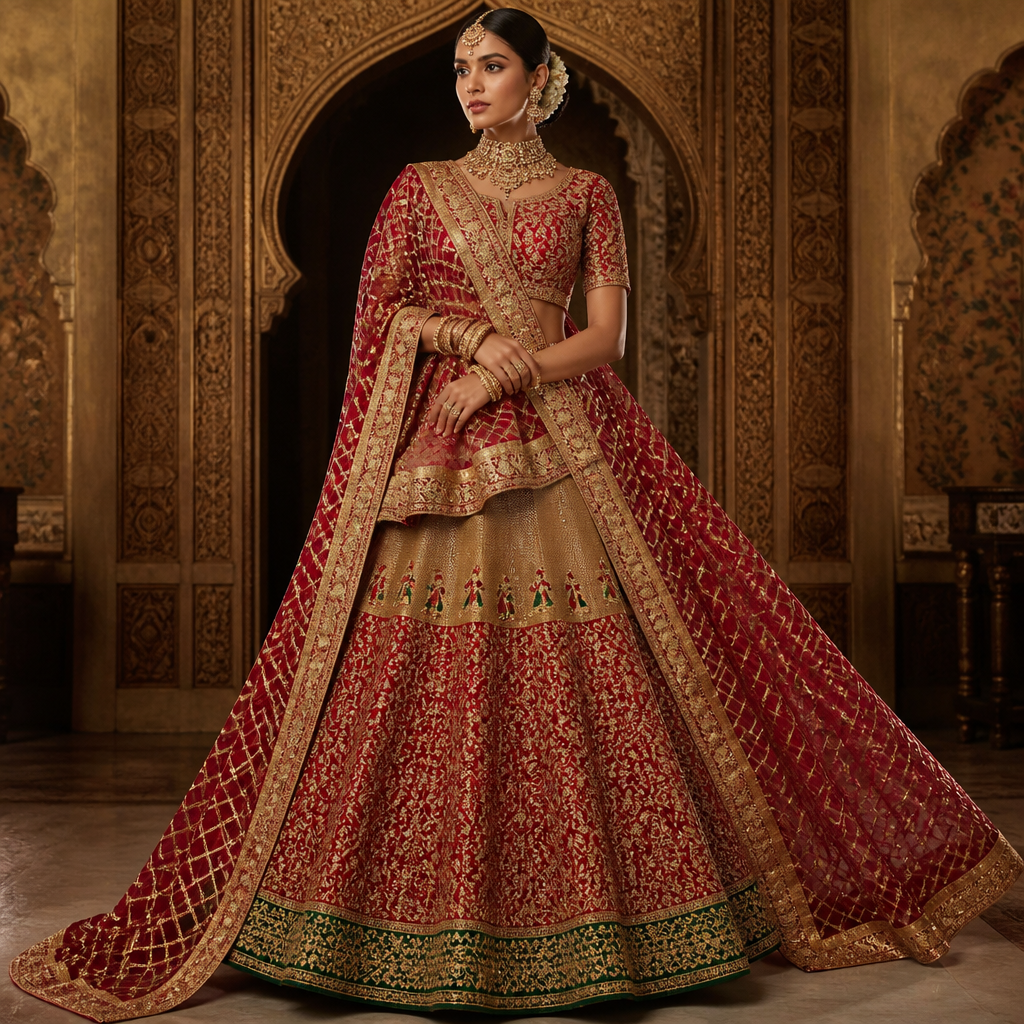 photorealistic fashion design, photorealistic fashion design, photorealistic fashion design, photorealistic fashion design, photorealistic fashion design, photorealistic fashion design, photorealistic fashion design, photorealistic fashion design, photorealistic fashion design, photorealistic fashion design, photorealistic fashion design, A Female fashion design, for Wedding, in Indian style. Dark shimmery golden tissue bridal lehenga with heavy flare and bottle green brocade border at the bottom and red raw silk long and broad paisley motifs placed above green border upto above knee. India fashion aesthetics., indian style, just the design no text. Refinement: Give Red gharchola Dupatta in gujrati style , just the design no text. Refinement: Keep the green border but make the entire area above green border in red colour uptil above knee, just the design no text. Refinement: In this outfit cover the area from hip to above knee in golden, just the design no text. Refinement: Make the golden area in this lehenga upto knee, just the design no text. Refinement: Fill the Golden area in this outfit with bride and groom varmala motifs embroidered in red green and golden colour in one horizontal line above red portion in this lehenga , just the design no text. Refinement: Make the varmala motifs half the size of this in this lehenga, just the design no text. Refinement: Make the width of green border at the bottom half of its size , just the design no text. Refinement: Thicken the green border to its double , just the design no text. Refinement: Cover the red portion of lehenga in entire jaal embroidery , just the design no text. Refinement: Golden has to be darker in colour and upto knee in lehenga , just the design no text. Refinement: Make golden colour upto knee in lehenga
photorealistic fashion design, photorealistic fashion design, photorealistic fashion design, photorealistic fashion design, photorealistic fashion design, photorealistic fashion design, photorealistic fashion design, photorealistic fashion design, photorealistic fashion design, photorealistic fashion design, photorealistic fashion design, photorealistic fashion design, A Female fashion design, for Wedding, in Indian style. Dark shimmery golden tissue bridal lehenga with heavy flare and bottle green brocade border at the bottom and red raw silk long and broad paisley motifs placed above green border upto above knee. India fashion aesthetics., indian style, just the design no text. Refinement: Give Red gharchola Dupatta in gujrati style , just the design no text. Refinement: Keep the green border but make the entire area above green border in red colour uptil above knee, just the design no text. Refinement: In this outfit cover the area from hip to above knee in golden, just the design no text. Refinement: Make the golden area in this lehenga upto knee, just the design no text. Refinement: Fill the Golden area in this outfit with bride and groom varmala motifs embroidered in red green and golden colour in one horizontal line above red portion in this lehenga , just the design no text. Refinement: Make the varmala motifs half the size of this in this lehenga, just the design no text. Refinement: Make the width of green border at the bottom half of its size , just the design no text. Refinement: Thicken the green border to its double , just the design no text. Refinement: Cover the red portion of lehenga in entire jaal embroidery , just the design no text. Refinement: Golden has to be darker in colour and upto knee in lehenga , just the design no text. Refinement: Make golden colour upto knee in lehenga , just the design no text