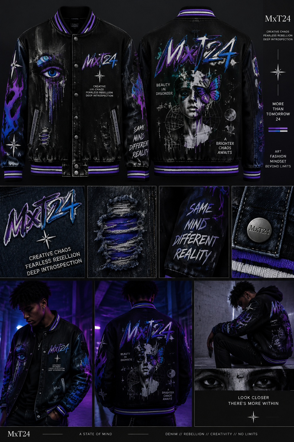 A Black Varsity Jacket,with Neon purple and Electric blue with a touch of white with the Brand Name MxT24. Let it represent Creative chaos, Fearless Rebellion, Deep Introspection
A Black Varsity Jacket,with Neon purple and Electric blue with a touch of white with the Brand Name MxT24. Let it represent Creative chaos, Fearless Rebellion, Deep Introspection
, denim style