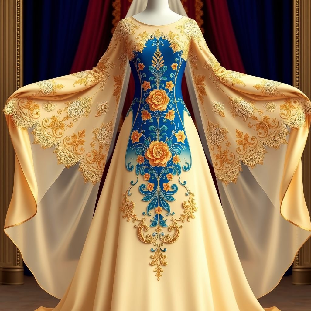 Wedding dress Somali style with the drawing at the centre together with long sleeves
Design an exquisite Somali-inspired wedding dress featuring intricate floral patterns embroidered at the center. The gown boasts flowing, long sleeves adorned with delicate lace detailing. The silhouette is gracefully fitted at the bodice and flares into a soft, cascading skirt, incorporating vibrant hues of deep blue and gold to symbolize unity and festivity.