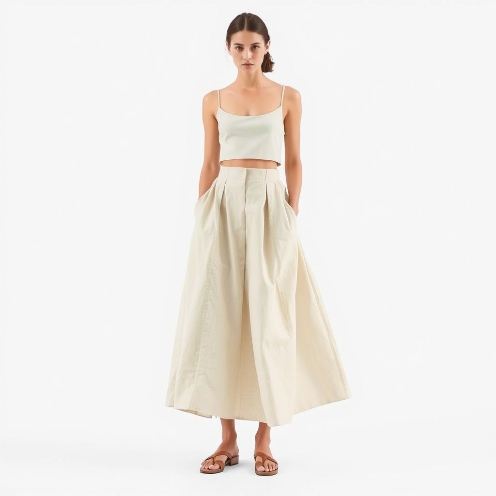 חצאית כותנה גרסה יוונית פשוטה מפשתן
Design a minimalist Greek-inspired cotton skirt with a tailored, flowing silhouette that embodies simplicity and elegance. Incorporate soft, natural linen fabric in a serene color palette, focusing on clean lines and subtle draping. Pair it with an unembellished, cropped top to enhance the effortless sophistication of the ensemble.