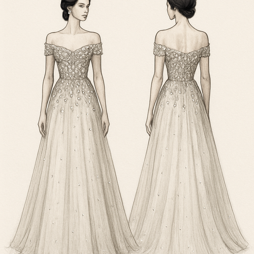 Off-shoulder evening gown, fully embellished top with teardrop crystals, silver and clear stones, fitted waist, and A-line tulle skirt with scattered stones.

Slim / Curvy