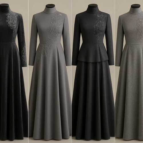 Create me modest two piece that's first in the world, using unique stone design, classy and sophisticated. Keep me 4 designs. Make them rich by adding minimal stone embroidery and stones designs. Showcasing different styles and fabric.