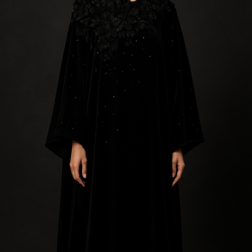 The Velvet Midnight Bloom Abaya
Tone: Deep velvet black
Fabric: Heavy velvet–crepe blend
Design:
A dense cluster of 3D velvet flowers around the neckline flowing softly across one sleeve.
Embellishment:
Black Swarovski stones scattered like stars.
Vibe:
Royal, powerful, and irresistibly classy.
The Velvet Midnight Bloom Abaya
Tone: Deep velvet black
Fabric: Heavy velvet–crepe blend
Design:
A dense cluster of 3D velvet flowers around the neckline flowing softly across one sleeve.
Embellishment:
Black Swarovski stones scattered like stars.
Vibe:
Royal, powerful, and irresistibly classy.