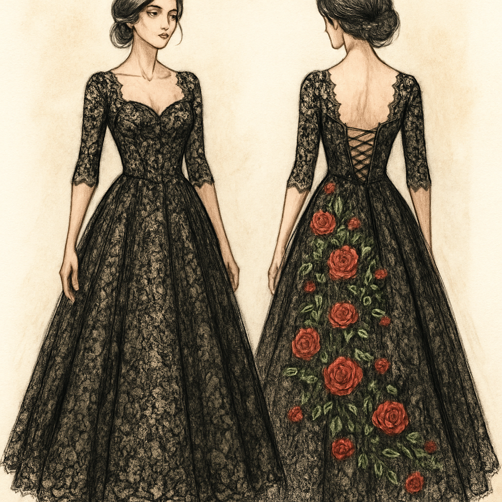 Lace wedding dress,black color, champagne underline, 1/3 sleeves sleeves. With red roses and green vines embroidered cascading down the back of the dress. Corset top and lace up back.
Lace wedding dress,black color, champagne underline, 1/3 sleeves sleeves. With red roses and green vines embroidered cascading down the back of the dress. Corset top and lace up back., artsy style, show front and back