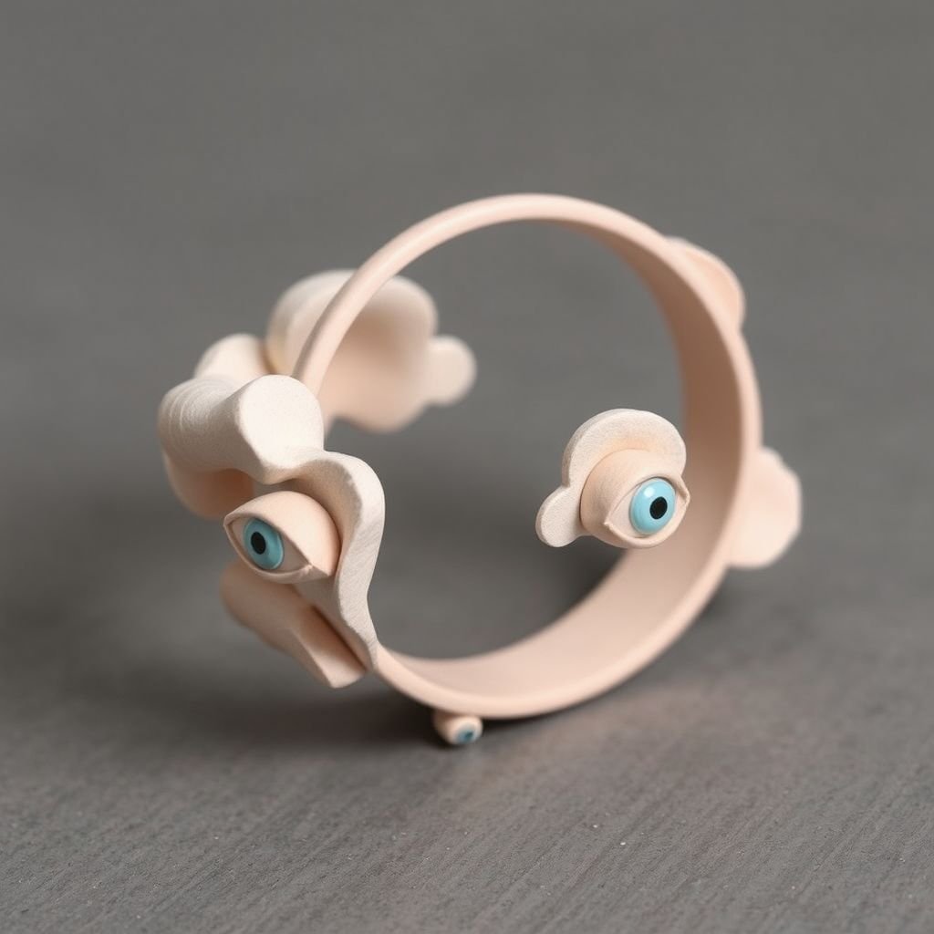 Papier-mâché minimal bangle inspired by eye and clouds
Design a striking papier-mâché minimal bangle that embodies the fluidity of clouds and the mystique of eyes. Featuring soft, billowy forms that mimic cloud shapes, the bangle is accented with eye motifs in muted pastels. Its lightweight texture juxtaposes elegant simplicity with whimsical, abstract beauty, perfect for modern avant-garde fashion.