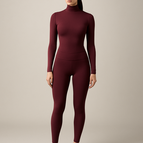 Burgundy dry-fit tight turtle neck and leggings, show head to toe. No jacket