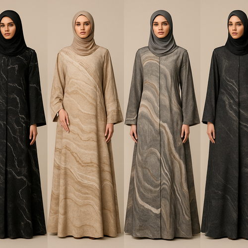 Create a modest abaya that's the first of its kind, featuring a unique stone design that exudes a classy and sophisticated vibe. I'd like four designs, each showcasing different styles and fabrics.
Incorporate high-end, unique chic stone designs to make them truly special.