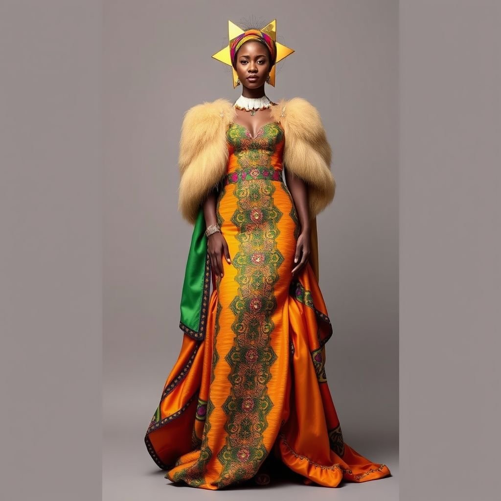 I need a unique Nigerian owambe style
Imagine a breathtaking Nigerian owambe style that fuses traditional elegance with modern flair. Envision a flowing, ankle-length gown crafted from vibrant Ankara fabric, adorned with intricate beadwork and metallic thread embroidery. Layered with a dramatic, feathered cape and a bold geometric headpiece, this ensemble radiates celebration, culture, and contemporary sophistication.