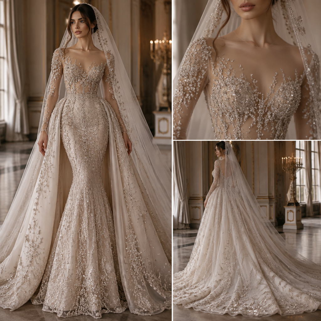 A Female Dress design, suitable for Fall. فستان عرس فخم ملكي يكون بقصه حوريه البحر وفيه ذيل يبدء من الخصر وينزل ويكون مطرز بشكل فخم ويكون الصدر فيه تول فرنسي فخم مرصع بكرستالات فخمه وناعمه وانثويه وتكون هناك طرحه تول فرنسي تكون محدده بكرستالات من الاطراف بشكل انيق وفخم. IQ fashion aesthetics. Present it as professional fashion catalogue photography: the garment is the subject, shown full-length with editorial styling, neutral posing and tasteful, non-suggestive framing.
photorealistic fashion design, A Female Dress design, suitable for Fall. فستان عرس فخم ملكي يكون بقصه حوريه البحر وفيه ذيل يبدء من الخصر وينزل ويكون مطرز بشكل فخم ويكون الصدر فيه تول فرنسي فخم مرصع بكرستالات فخمه وناعمه وانثويه وتكون هناك طرحه تول فرنسي تكون محدده بكرستالات من الاطراف بشكل انيق وفخم. IQ fashion aesthetics. Present it as professional fashion catalogue photography: the garment is the subject, shown full-length with editorial styling, neutral posing and tasteful, non-suggestive framing., just the design no text